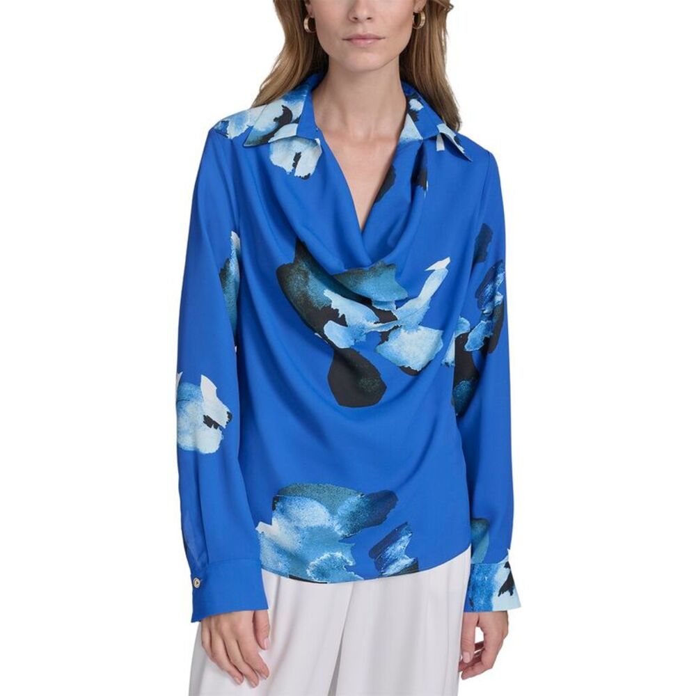 Halston Womens Printed Cowl Neck Top, Blue